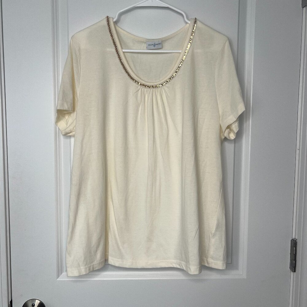 Jacyln Smith Short Sleeve Tee Shirt Women's Size 2X Cream Color Gold